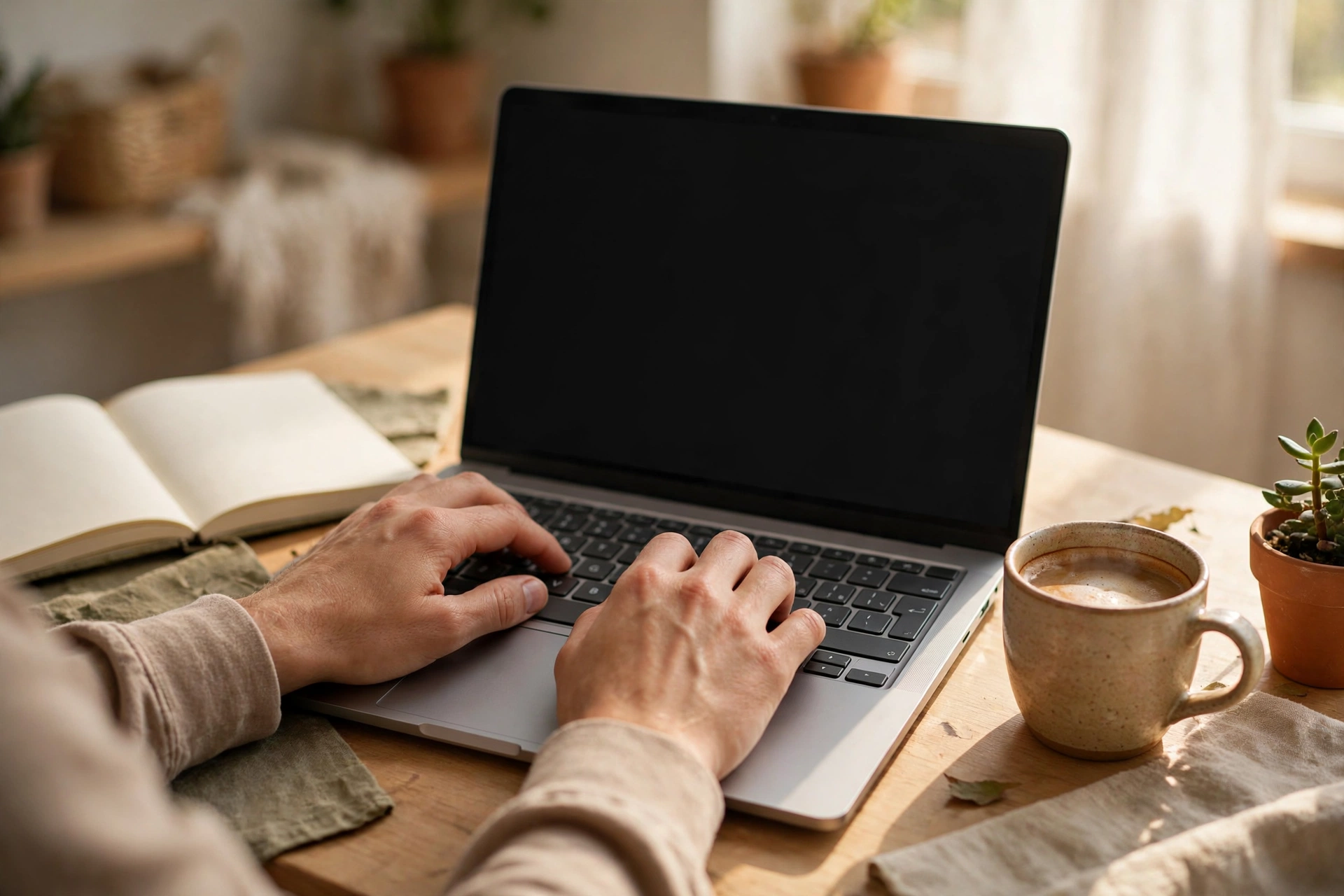 Person typing on a laptop at a cozy home workspace