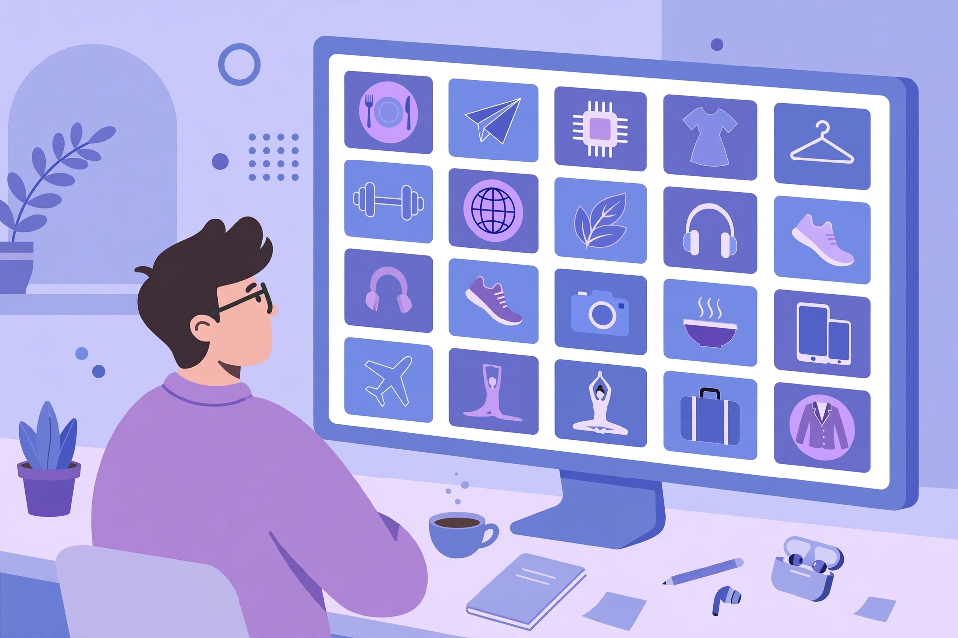 Illustration of a person browsing blog cards covering different topics on a large screen