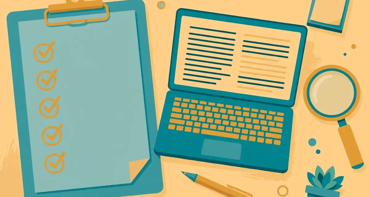 Clipboard with checkmarks beside a laptop showing a blog draft