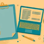 Clipboard with checkmarks beside a laptop showing a blog draft