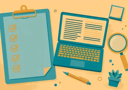 Clipboard with checkmarks beside a laptop showing a blog draft