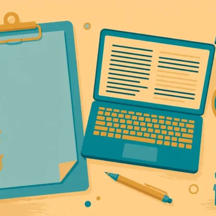 Clipboard with checkmarks beside a laptop showing a blog draft