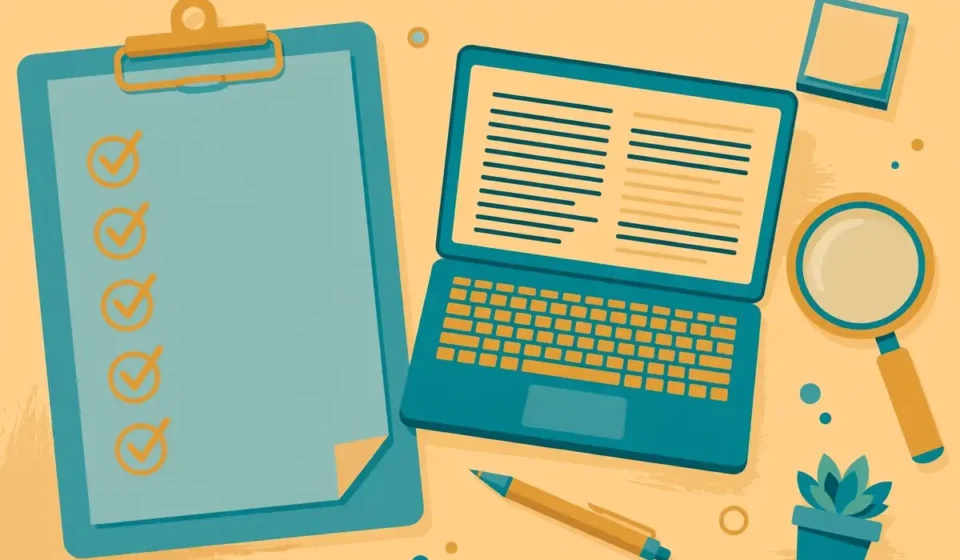 Clipboard with checkmarks beside a laptop showing a blog draft