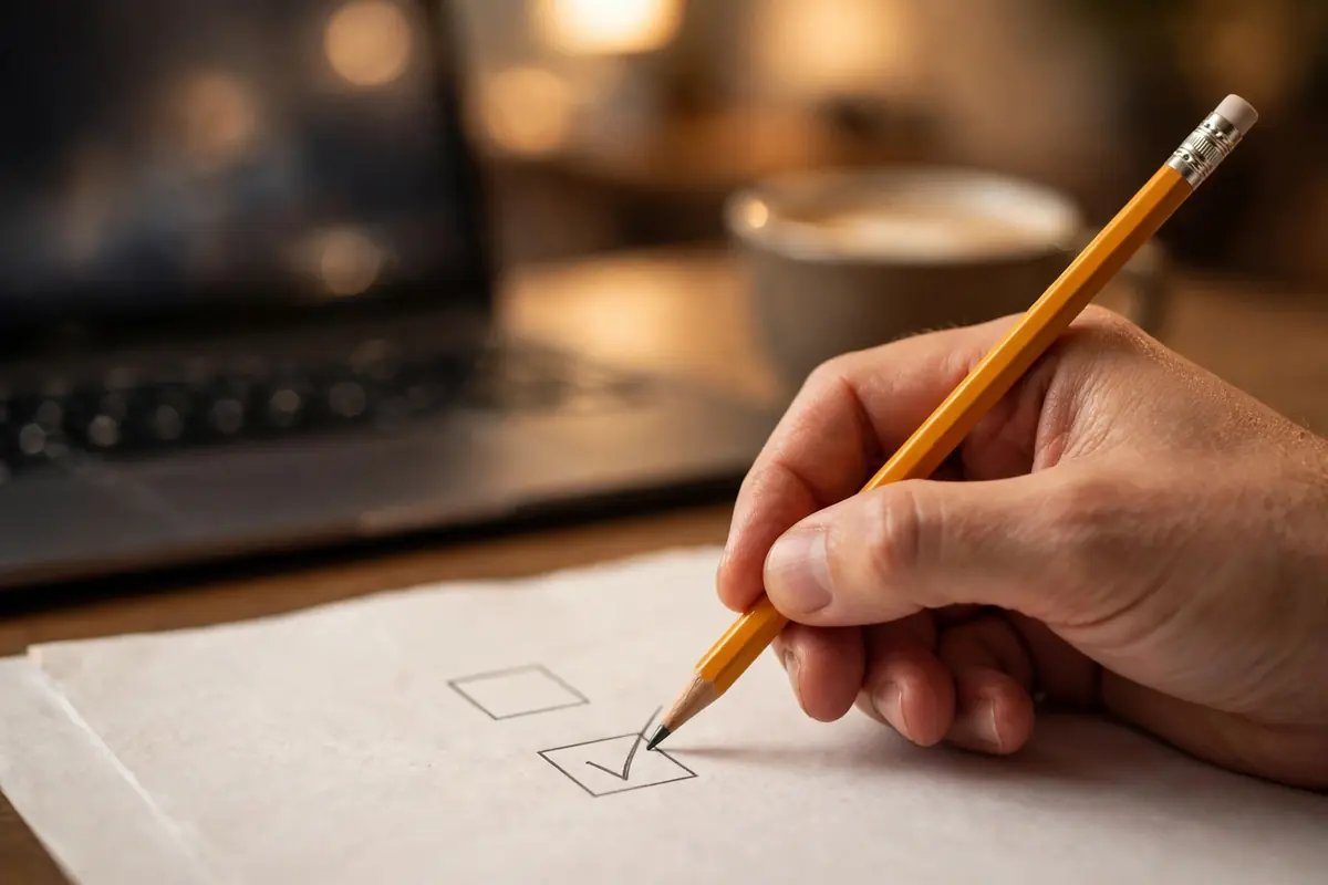 Hand checking off items on a printed blog post checklist with a pencil