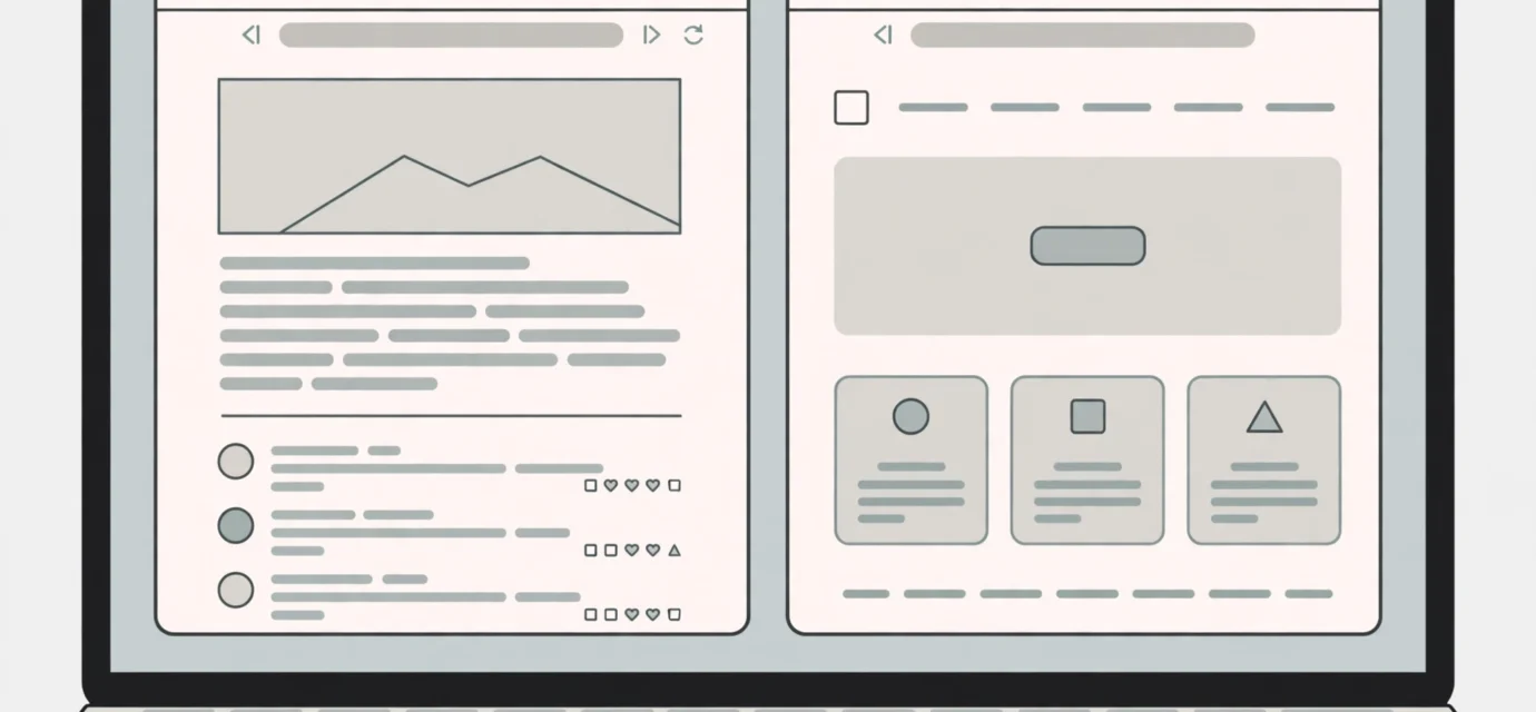 Illustration of a laptop screen comparing a blog layout and a website layout side by side