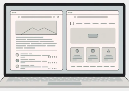 Illustration of a laptop screen comparing a blog layout and a website layout side by side