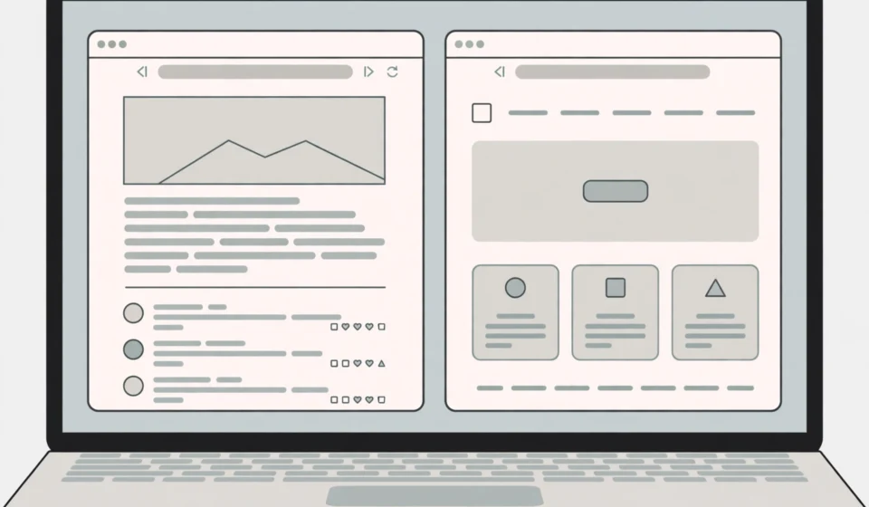 Illustration of a laptop screen comparing a blog layout and a website layout side by side