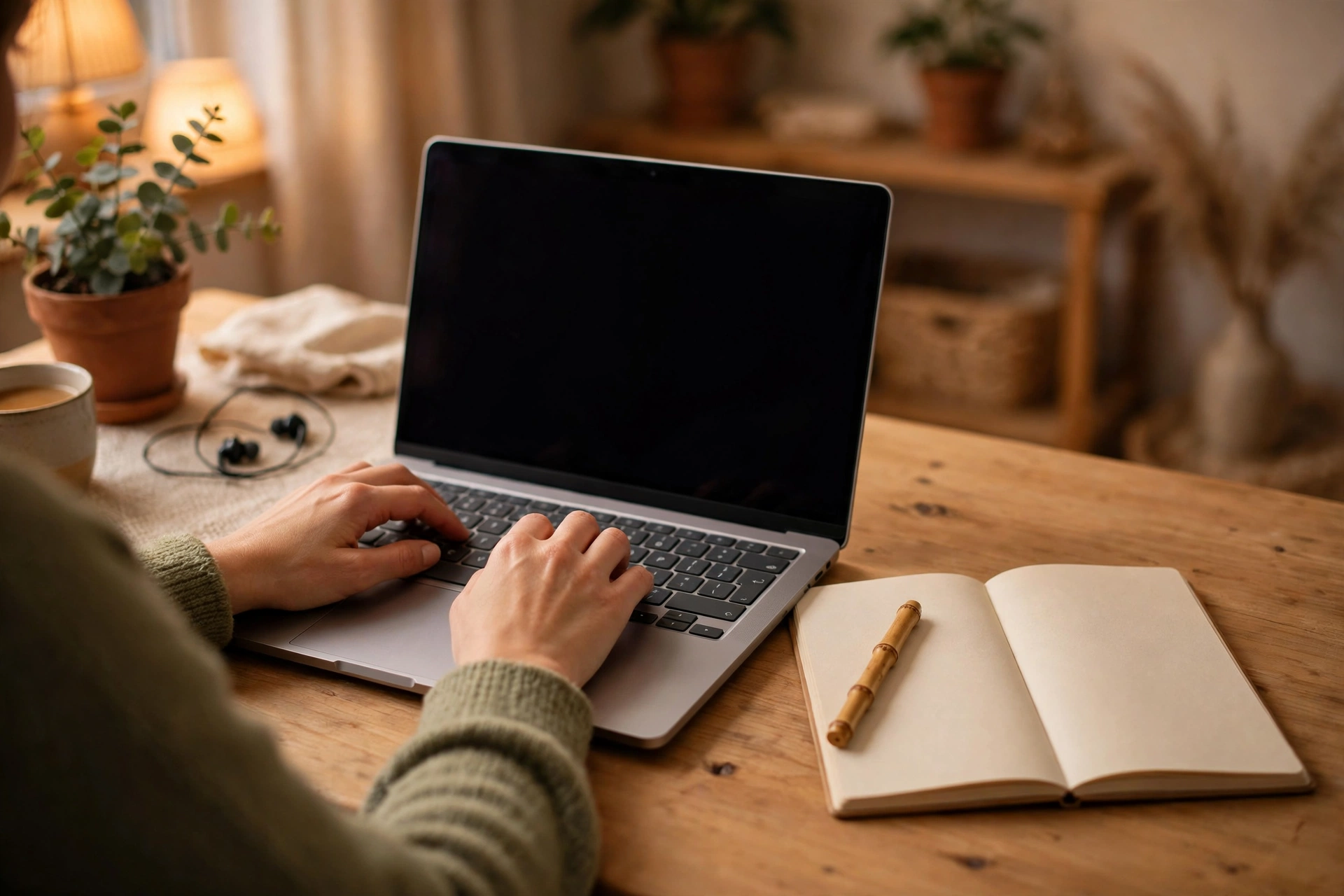 Person typing on a laptop at a desk in a home office