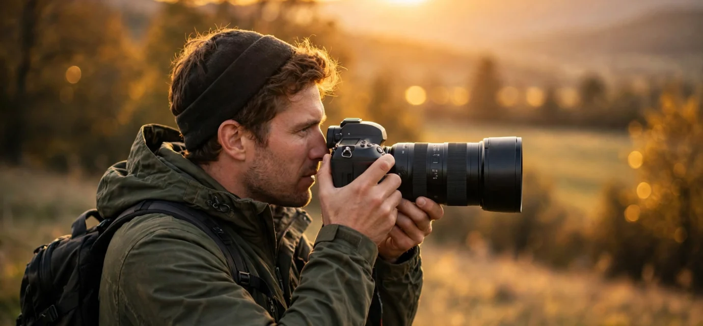 Photographer holding a camera taking a photo at sunset outdoors