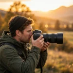 Photographer holding a camera taking a photo at sunset outdoors