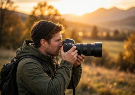 Photographer holding a camera taking a photo at sunset outdoors
