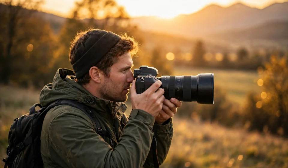 Photographer holding a camera taking a photo at sunset outdoors