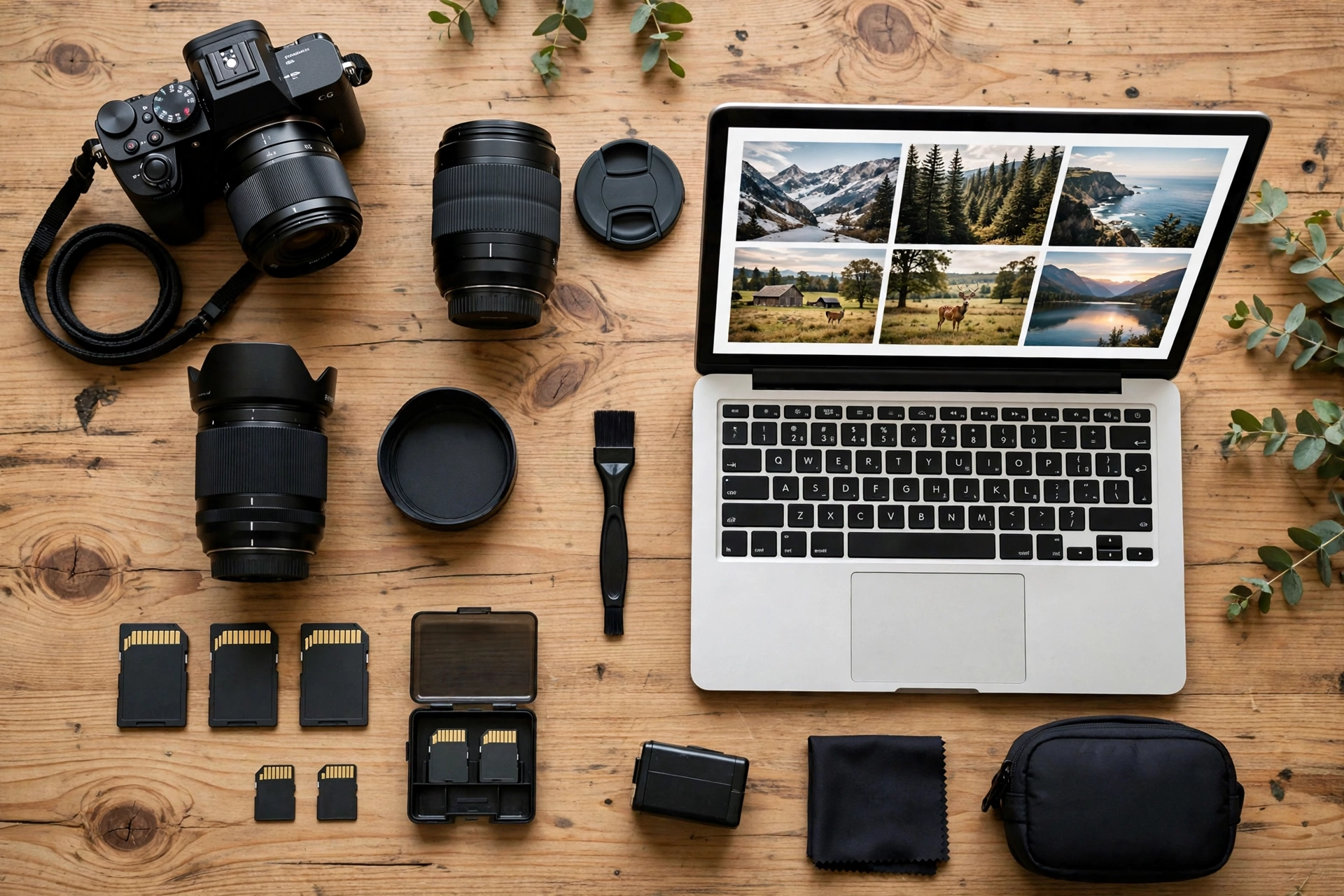 Flat lay of camera gear, lenses, memory cards and a laptop on a desk