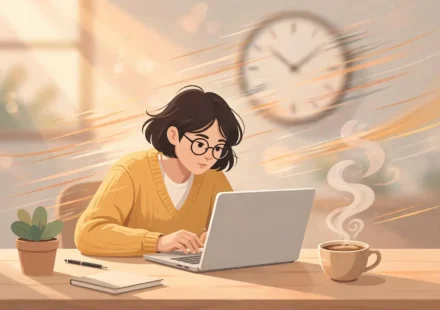 Writer at a desk with laptop and coffee working quickly on a blog post