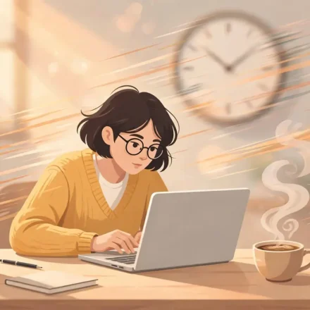 Writer at a desk with laptop and coffee working quickly on a blog post