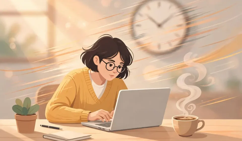 Writer at a desk with laptop and coffee working quickly on a blog post
