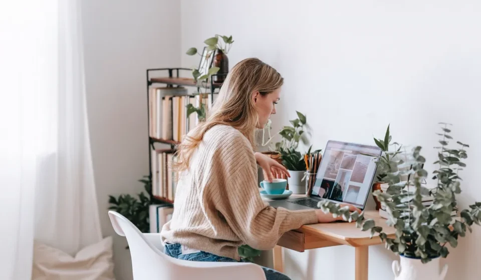 Blogger working at a bright desk with laptop, plants, and books