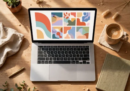 Cozy home office desk with a laptop showing a colorful blog layout, coffee mug and notebook nearby