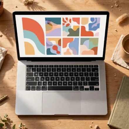 Cozy home office desk with a laptop showing a colorful blog layout, coffee mug and notebook nearby