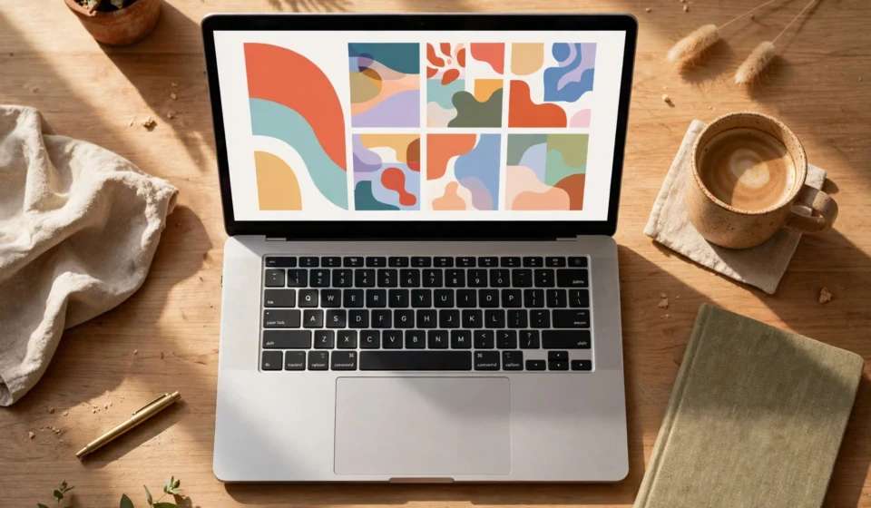 Cozy home office desk with a laptop showing a colorful blog layout, coffee mug and notebook nearby