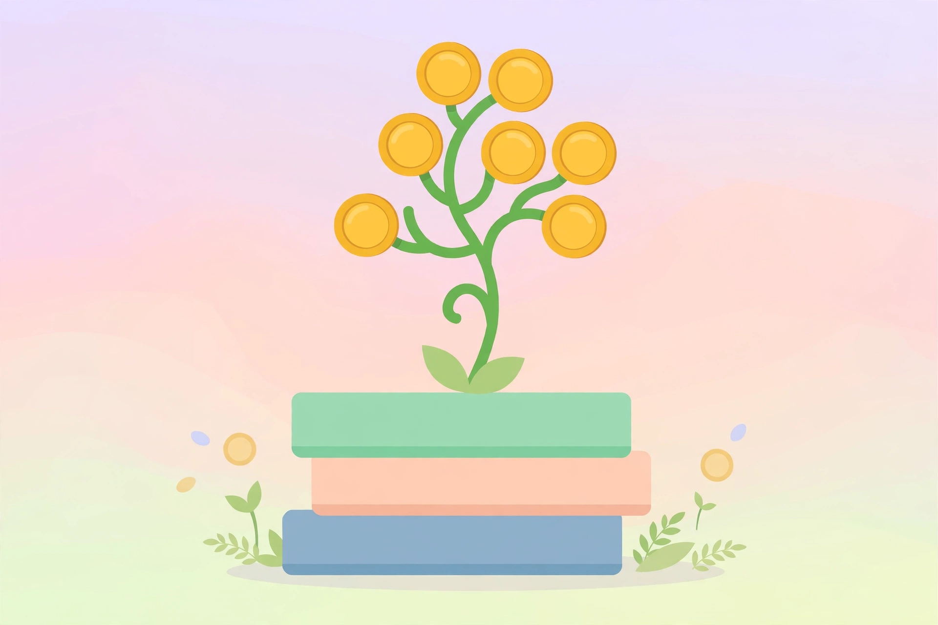 Flat illustration of golden coins growing from a plant sprout on a stack of books