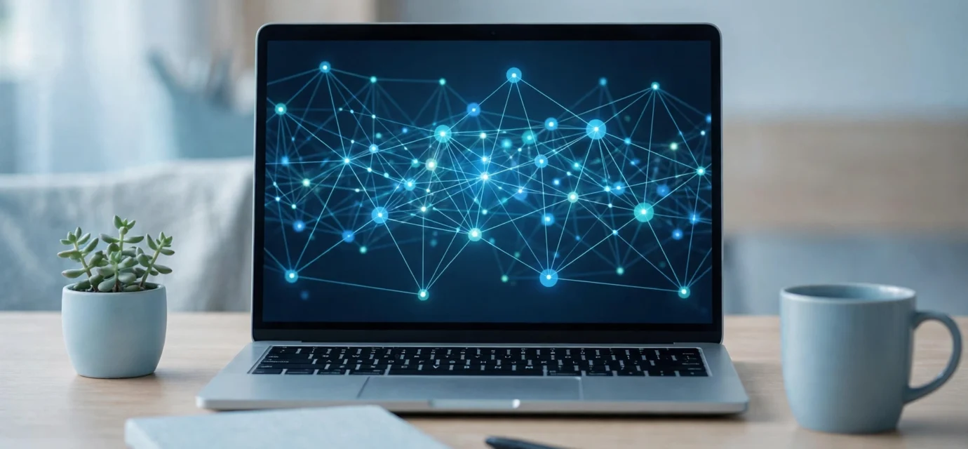 Modern workspace with a laptop showing a network of glowing connected nodes and links