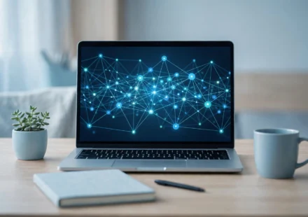 Modern workspace with a laptop showing a network of glowing connected nodes and links