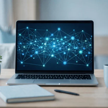 Modern workspace with a laptop showing a network of glowing connected nodes and links