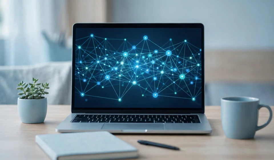 Modern workspace with a laptop showing a network of glowing connected nodes and links