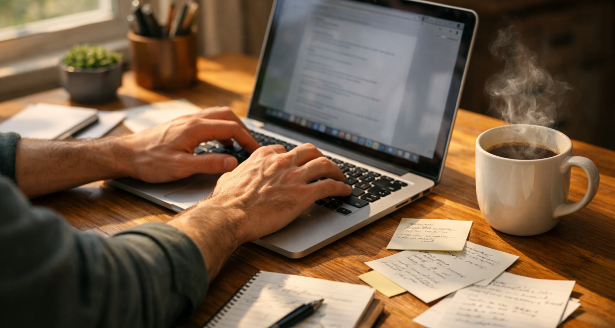 Person typing a blog post on a laptop with coffee and notes on the desk
