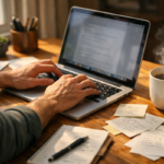Person typing a blog post on a laptop with coffee and notes on the desk