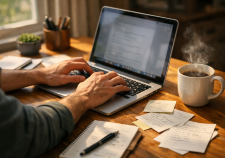 Person typing a blog post on a laptop with coffee and notes on the desk