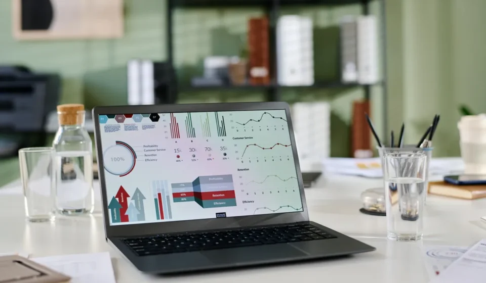 Laptop showing website analytics and charts on a desk